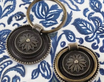 Vintage ring drop pull cabinet knobs, drop rings drawer knobs, handles pull brass flower pull cabinet handle dresser knobs furniture handles