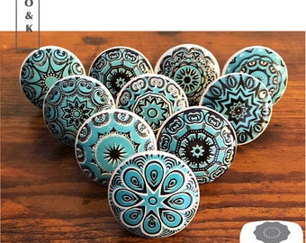 Bouton de tiroir turquoise et noir bleu sarcelle mandala bouton en céramique mosaïque poignées de meuble poignées de penderie lot de 2/4/6/8/10/12/14/16/18/20/22/24