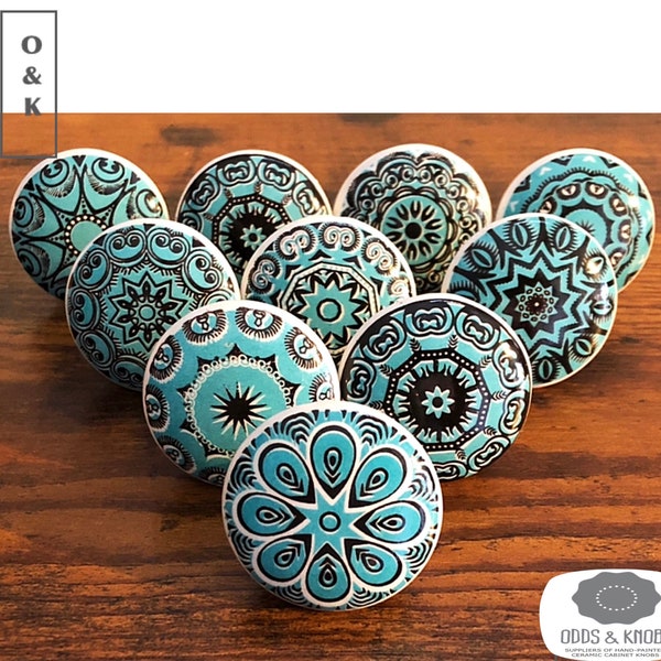 Turquoise and black drawer knob aqua teal mandala mosaic ceramic knob cabinet handles wardrobe handle set of 2/4/6/8/10/12/14/16/18/20/22/24