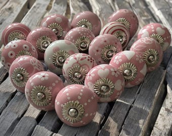 Bouton de tiroir rose et blanc Bouton de meuble rose et blanc en céramique peint à la main poignées de armoire poignées de meuble jeu de 2/4/6/8/10