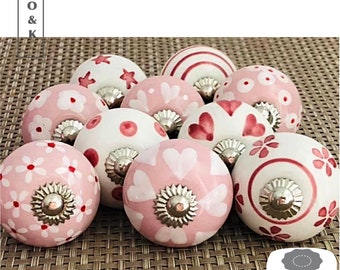 Pink and white drawer knob pink and white handpainted ceramic knob cabinet knob wardrobe handles cabinet handles knob sets of 2/4/6/8/10/12