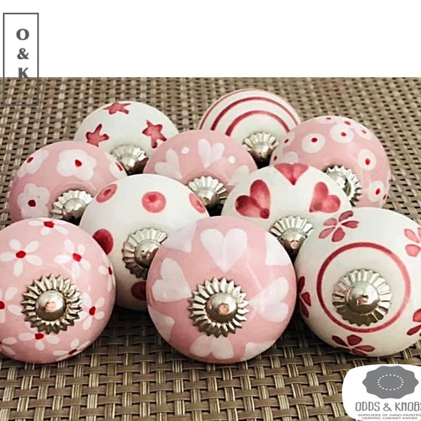 Pink and white drawer knob pink and white handpainted ceramic knob cabinet knob wardrobe handles cabinet handles knob sets of 2/4/6/8/10/12