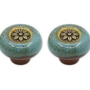 Ceramic and Brass Floral Cabinet Knobs – Vintage Style Drawer Pulls, Decorative Furniture Handles, Cupboard Knobs, Blue Dresser Knob Set