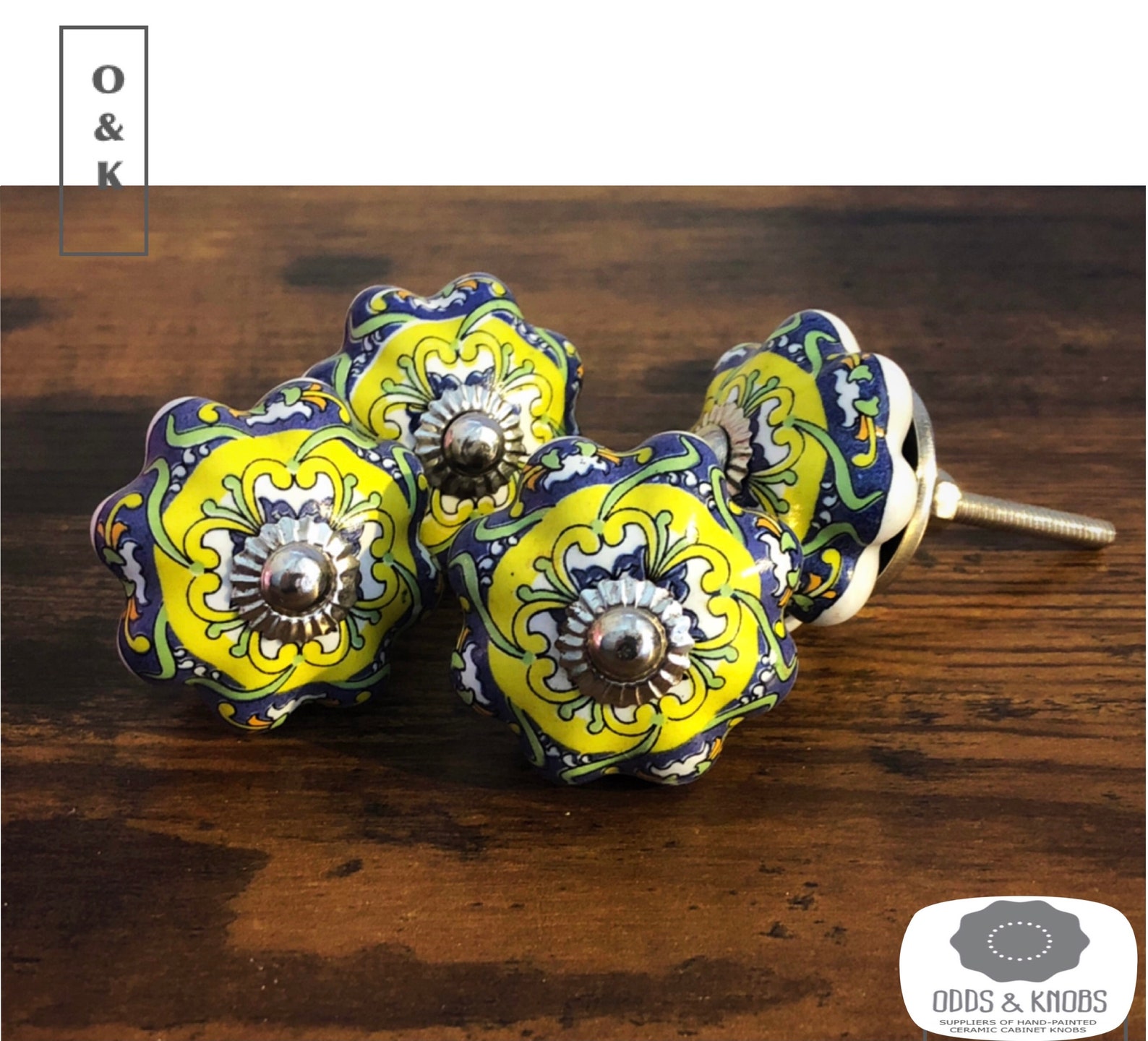 Drawer knob antique blue and yellow ceramic knob Etsy
