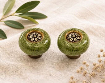 green dresser knobs Ceramic and Brass Floral Cabinet – Vintage Style Drawer Pulls, Decorative Furniture Handles, Cupboard Knobs, Knob Set Boho Wedding Dresses Online