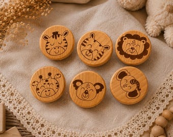 Safari etched wooden cabinet knobs, solid wood jungle animal knobs for Kids Room, boho nursery drawer pull, tiger, lion, giraffe, zebra