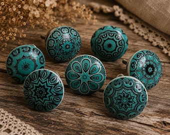 Mandala turquoise drawer knob mosaic teal aqua ceramic cabinet knob wardrobe handle cabinet handle sets of 2/4/6/8/10/12/14/16/18/20/22/24