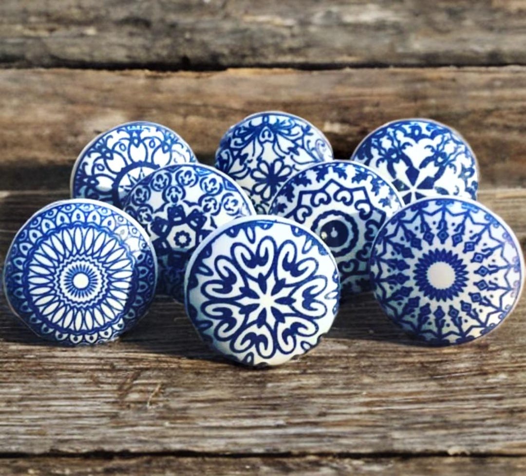 ブルーグレー×ホワイト　レードルセット アンティーク Blue and White Mandala Ceramic Drawer Knob Cabinet Knob Wardrobe