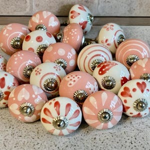 Pink and white drawer knob pink and white handpainted ceramic knob cabinet knob wardrobe handles cabinet handles knob sets set of 2/4/6/8/10