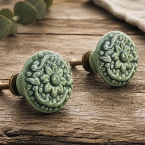 Puede incluir: Dos pomos de cerámica verde salvia con diseños florales y herrajes de latón se exhiben sobre una superficie de madera rústica. Los pomos son redondos y presentan patrones florales en relieve. Hojas de eucalipto y un paño de lino en el fondo.