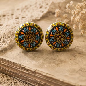 Lot de 2 boutons de tiroir mandala multicolores, céramique mosaïque, poignée d'armoire orange et bleu shabby chic, lot de 2