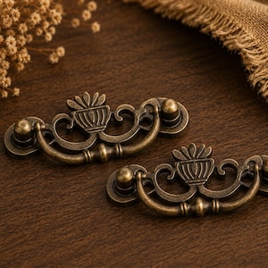 May include: A pair of antique bronze drawer pulls with a floral design. Each pull has a curved handle, a central decorative element, and two circular mounting plates. The pulls are set against a dark brown wooden surface.
