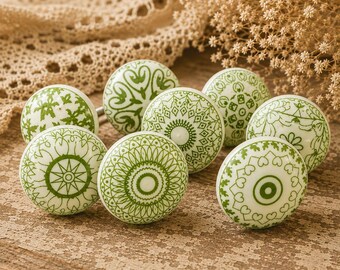 Green and white ceramic drawer knob positive mandala mosaic ceramic cabinet knob wardrobe handles set of 2/4/6/8/10/12/14/16/18/20/22/24