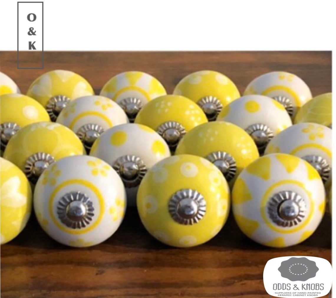 Ornate yellow and white drawer knob ceramic knob knob Etsy