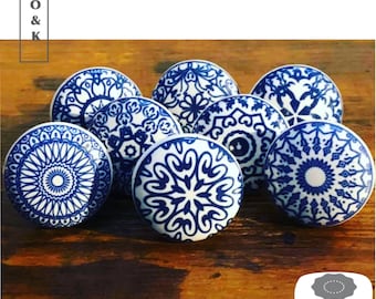 Pomello per cassetto in ceramica mandala blu e bianco, pomello per armadio, maniglie per armadio, set di 2/4/6/8/10/12/14/16/18/20/22/24