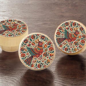 Kalamkari style cabinet knobs, wooded drawer knobs, sage green cabinet handles,bird and floral design collection set of 6
