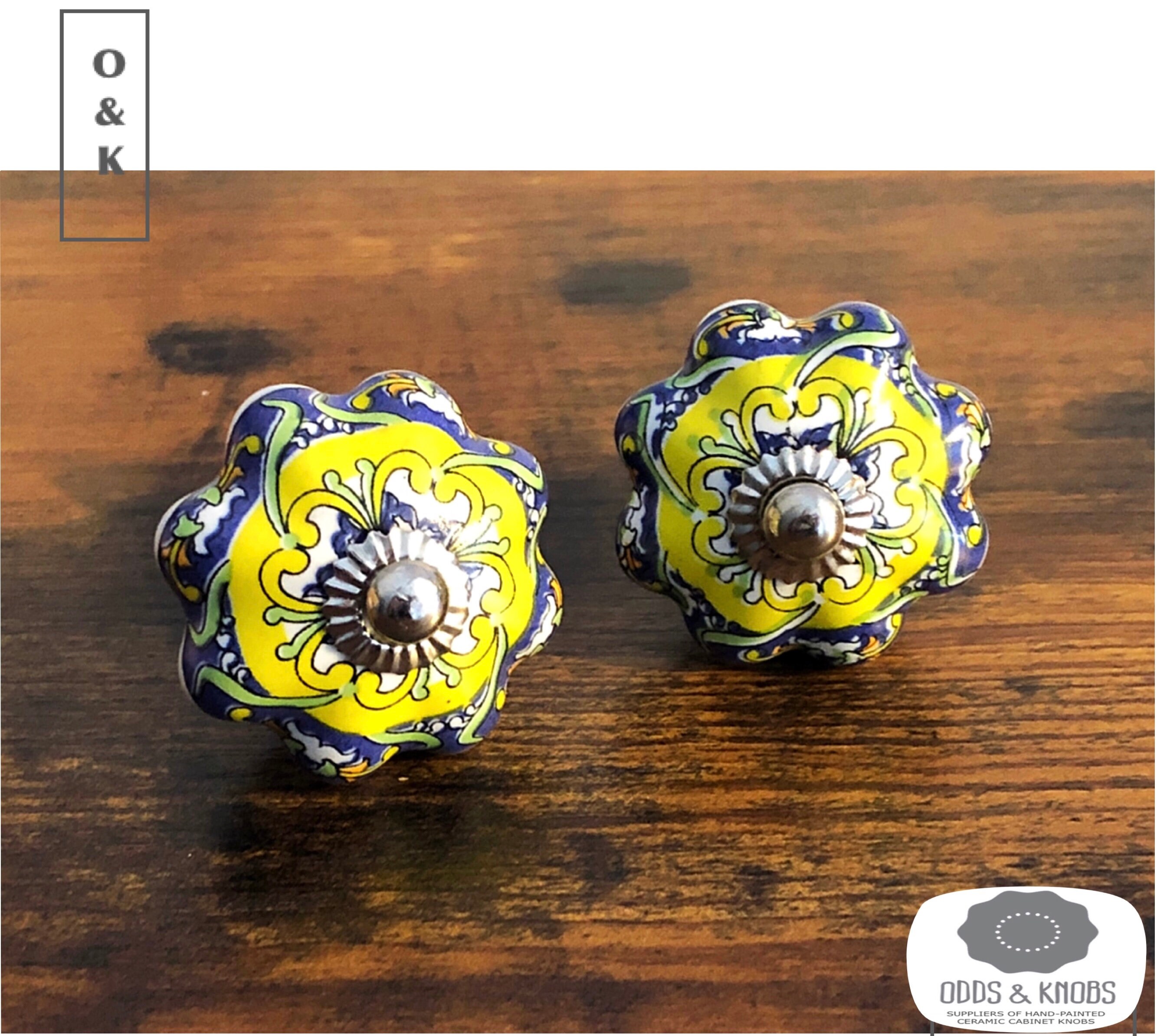 Antique Blue and Yellow Drawer Knob Ceramic Knob Knob Etsy UK