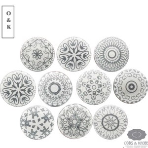 Mandala grey and white assorted ceramic drawer knobs mosaic cabinet knobs wardrobe handles door knob sets of 2/4/6/8/10/12/14/16/18/20/22/24