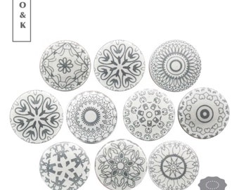 Boutons de tiroir en céramique assortis Mandala gris et blanc boutons de meuble en mosaïque poignées de garde-robe boutons de porte 2/4/6/8/10/12/14/16/18/20/22/24