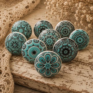May include: Nine turquoise ceramic cabinet knobs with detailed black mandala patterns. The knobs are displayed on a distressed wooden surface, highlighting their decorative designs and colour contrast. These knobs are perfect for adding a unique touch to furniture.