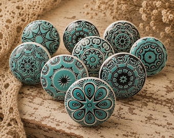 Turquoise and black drawer knob aqua teal mandala mosaic ceramic knob cabinet handles wardrobe handle set of 2/4/6/8/10/12/14/16/18/20/22/24