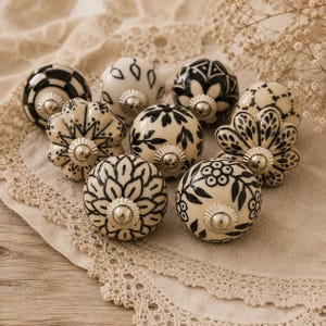 Puede incluir: Un conjunto de ocho pomos decorativos de cerámica. Cada pomo presenta un diseño floral o geométrico en blanco y negro. Los pomos tienen una base de metal plateado y están dispuestos sobre una tela beige.