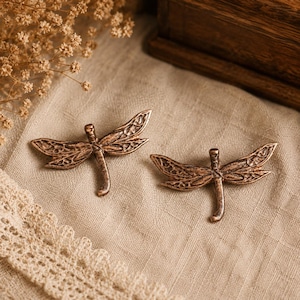 May include: Two bronze-colored dragonfly figurines with detailed wing patterns. The dragonflies are positioned on a neutral-toned fabric, with a wooden box in the background. The wings of the dragonflies are intricately designed.