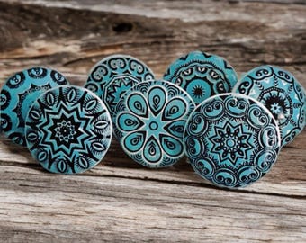 Puxador de gaveta turquesa mandala mosaico azul-petróleo cerâmica para armário de guarda-roupa conjuntos de 2/4/6/8/10/12/14/16/18/20/22/24