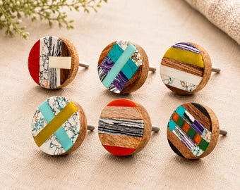 Multicoloured mango wood and resin drawer knob wooden cabinet knob chartreuse lime yellow turquoise drawer knobs sets of 2/4/6/8/10