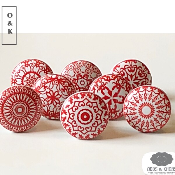 Slight seconds - Mandala red and white drawer knob mosaic ceramic knob cabinet knob wardrobe handles cabinet handles set of 2/4/6/8/10/12