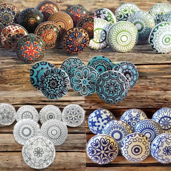 10-Pack Ceramic Cabinet Knobs - Hand Painted Mandala Designs 1.5 Inch