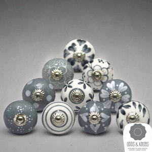 The Original grey and white cabinet knobs grey white drawer knobs vintage style hand painted ceramic handles drawer knob sets 2/4/6/8/10/12