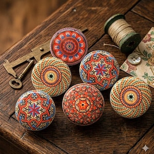 May include: A collection of decorative cabinet knobs with intricate, colorful patterns in red, blue, orange, and green. The knobs are arranged on a wooden surface, alongside a spool of thread, a button, and a vintage key.