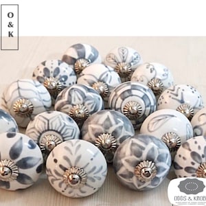 The Original Grey and white antique style handcrafted ceramic cabinet handles drawer knob and pulls sets 2/4/6/8/10/12/14/16/18/20/22/24