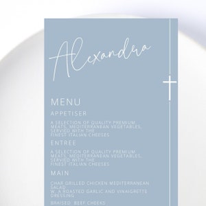 Blue Baptism Menu, Dusty Blue Christening Menu, Religious Menu for baptism decor, Blue menu with cross, "4 x 9" DIY Printable menu add name