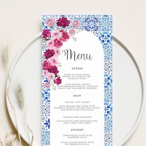 Blue Tiles Greece Menu roses pink and blue tiles menu, Santorini Theme Wedding Menu  , dinner menu, italian tiles menu Menu Printable