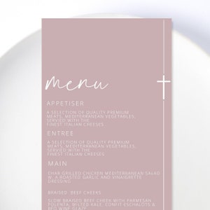 Dusty Pink Menu Template add Guest Names, Modern Wedding Place Card Dinner Menu,  Printable, Digital Download, Editable Dusty Pink Rose