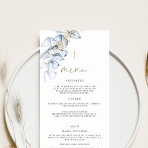 Blue baptism Menu Template add Guest Names, Greenery Baptism Place Card Dinner Menu Watercolor, Printable, Digital Download Blue Eucalyptus