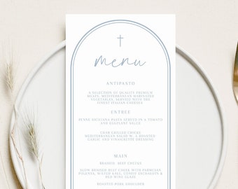 Blue Baptism Menu, Dusty Blue Christening Menu, Religious Menu for baptism decor, Blue menu with cross, &quot;4 x 9&quot; DIY Printable menu add name