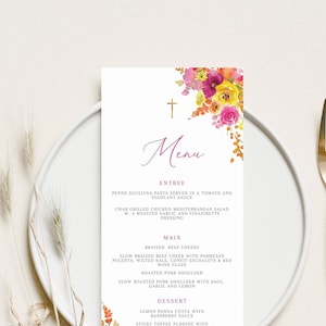 Pink baptism Menu, Pink Orange Christening Menu, baptism table decor for girl, pink and orange flowers baptism decor, holy Communion menu
