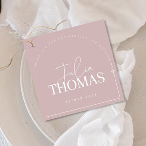 Dusty pink Rose Baptism Favor Tag Template, Modern Thank You Tag, Gold, Minimalist, Wedding Favor Tag Template, Christening Tag