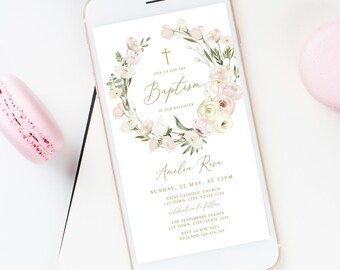Digital Baptism Text Invitation Template, Rustic Pink Flowers, Pink Baptism Text Invite, Editable, Electronic, Instant Download