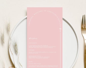 Baptism Menu Template, First Communion dinner menu, Bautizo Floral Girl Christening Menu Card, Printable Editable Pink Menu Template