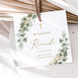 Mi bautizo thank you tags spanish, etiquetas para bautizo, Gracias tags bautizo en espanol gift tag, Eucalytpus green thank you baptism tag