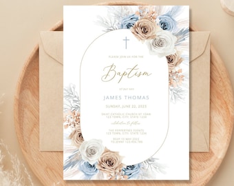 Boy Baptism Invitation, Christening Invite , Dusty Blue Invite, Boys Blue Modern Invite, Baptism Invite, Boho boy invite digital download