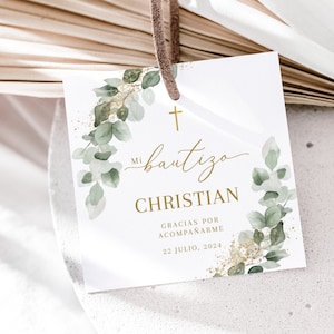 Mi bautizo thank you tags spanish, etiquetas para bautizo, Gracias tags bautizo en espanol gift tag, Eucalytpus green thank you baptism tag