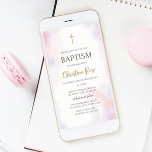 Pink Purple Baptism Evite Template, Pink Text Message Christening Invite, watercolor Baptism Invitation, Editable Baptism Text Invite