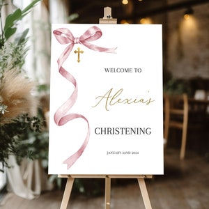 Pink Christening Welcome Sign, Printable orthodox poster , Pink bow Christening welcome sign, Edit your self, Orthodox cross Welcome POSTER