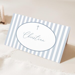 Baptism Place Cards Template, Dusty Blue Place Cards Editable Place Cards Name, Baptism Place card blue stripes Blue place cards stripe Blue
