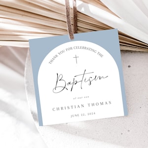 Dusty Blue Baptism Favor Tag Template, Printable Christening Gift Tags, Modern Arch Blue Christening Favor Dedication Tag, Instant Download